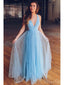 Třpytivé tylové nebesky modré plesové šaty s výstřihem do V dlouhé plesové šaty ARD2115