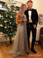 Sparkly V Neck Long Prom Dresses Silver Formal Evening Party Dress ARD1996