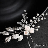 Sprig Floral Silver Bridal Hairpin Pear and Crystals ACC1158-SheerGirl