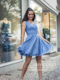 Stormy Blue V Neck Homecoming Dress Sarkly Tulle A Line Mini Prom Dress ARD2824-SheerGirl