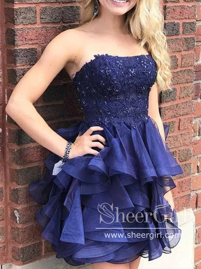 Strapless Appliqued Short Prom Dress Layered Navy Blue Homecoming Dress ARD2825-SheerGirl