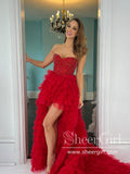 Strapless Beaded Bodice Tiered Tulle High Low Ball Gown Simple Prom Dress ARD2682-SheerGirl