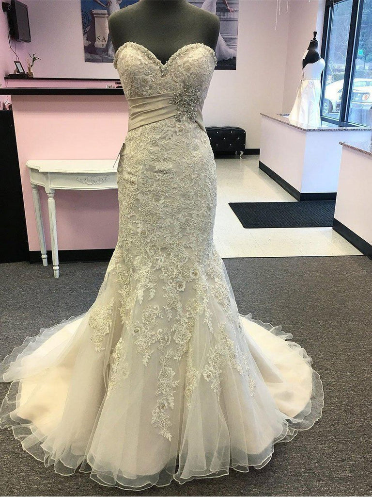Strapless Beaded Wedding Dresses Trumpet Lace Sweetheart Wedding Gowns SWD0069 Strapless Beaded Wedding Dresses Trumpet Lace Sweetheart Wedding Gowns SWD0069