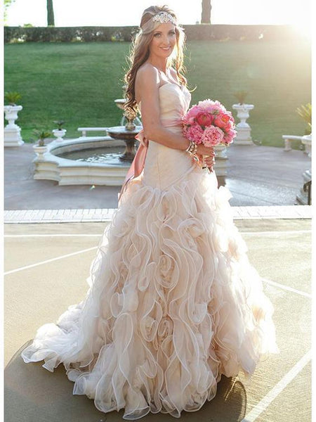 Strapless Champagne Ball Gown Wedding Dresses Vintage Bridal Gown with Sash AWD1230