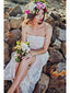 Levné jednoduché krajkové plážové svatební šaty bez ramínek s rozparkem AWD1174 