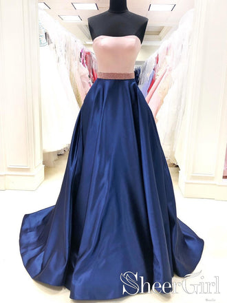 Strapless Contrast Colored Pink Bodice and Navy Skirt Rhinestones Sash Decorated Prom Dress ARD2519-SheerGirl