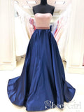Strapless Contrast Colored Pink Bodice and Navy Skirt Rhinestones Sash Decorated Prom Dress ARD2519-SheerGirl