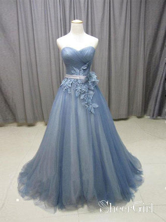 Strapless Dusty Blue Ball Gowns Tulle Long Prom Dresses APD3260-SheerGirl