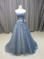 Plesové šaty Dusty Blue bez ramínek Tylové dlouhé plesové šaty APD3260 
