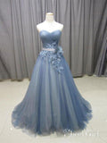 Strapless Dusty Blue Ball Gowns Tulle Long Prom Dresses APD3260-SheerGirl