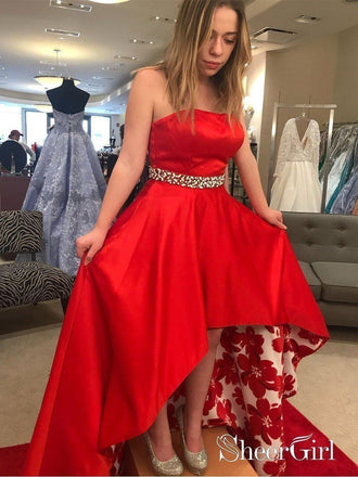 Strapless High Low Red Floral Prom Dresses Beaded Formal Pageant Dress for Junior APD3430-SheerGirl