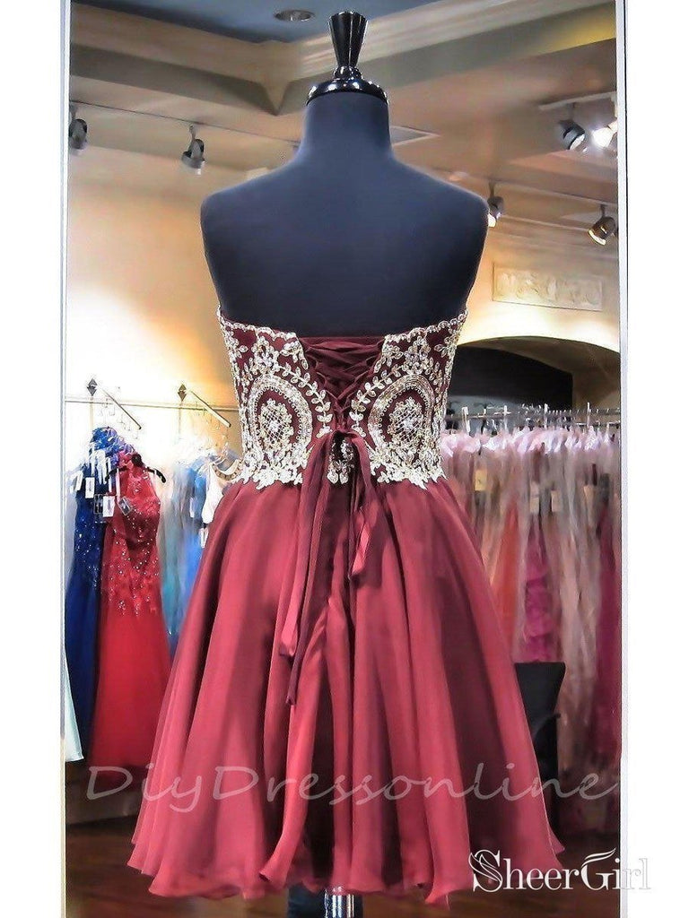 Strapless Lace Applique Maroon Homecoming Dresses Short Party Dresses apd1852-SheerGirl