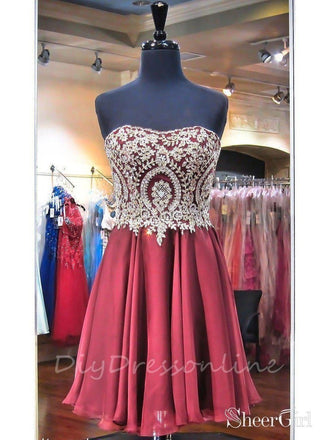 Strapless Lace Applique Maroon Homecoming Dresses Short Party Dresses apd1852-SheerGirl
