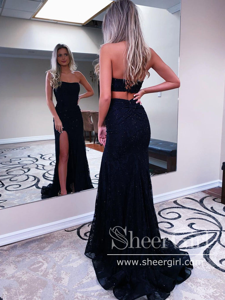 Strapless Lace Mermaid Prom Dress with High Slit Corset Back Prom Gown ARD2737-SheerGirl