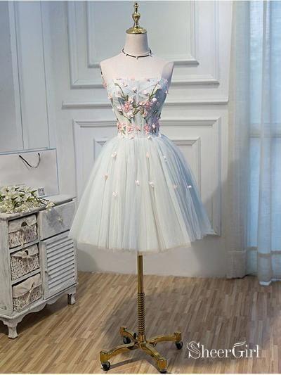 Strapless Light Blue Homecoming Dress Flower Applique Short Homecoming Dress  – SheerGirl