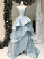 Světle modré dlouhé plesové šaty bez ramínek Vícevrstvé volánové šaty Quinceanera ARD1970