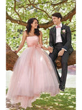 Strapless Pink Ball Gown Wedding Dresses with Sash Simple Tulle Bridal Dress AWD1273-SheerGirl