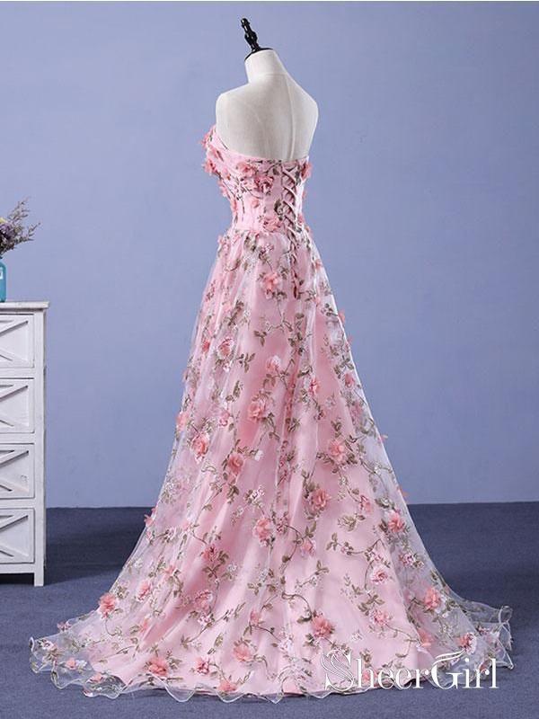 Strapless Pink Floral Prom Dresses Flower Applique Formal Dress Evening Gowns ARD1327-SheerGirl