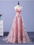 Strapless Pink Floral Prom Dresses Flower Applique Formal Dress Evening Gowns ARD1327-SheerGirl