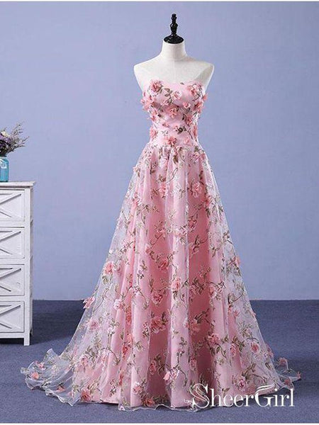Strapless Pink Floral Prom Dresses Flower Applique Formal Dress Evening  Gowns – SheerGirl