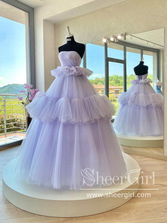 Strapless Pleated Tulle Ball Gown Tiered A Line Prom Dress Floor Length Party Dress ARD2879-SheerGirl