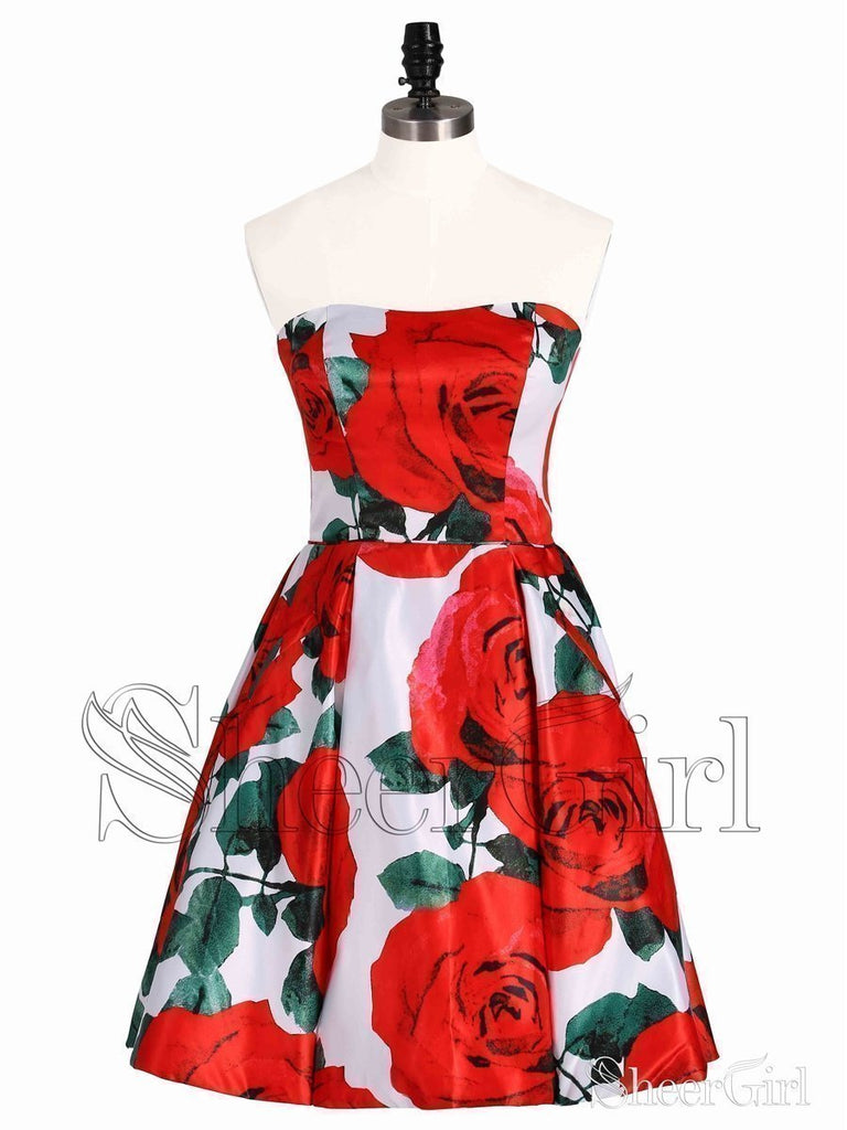 Strapless Red Floral Homecoming Dresses Vintage Short Prom Dress ARD1606 Strapless Red Floral Homecoming Dresses Vintage Short Prom Dress ARD1606