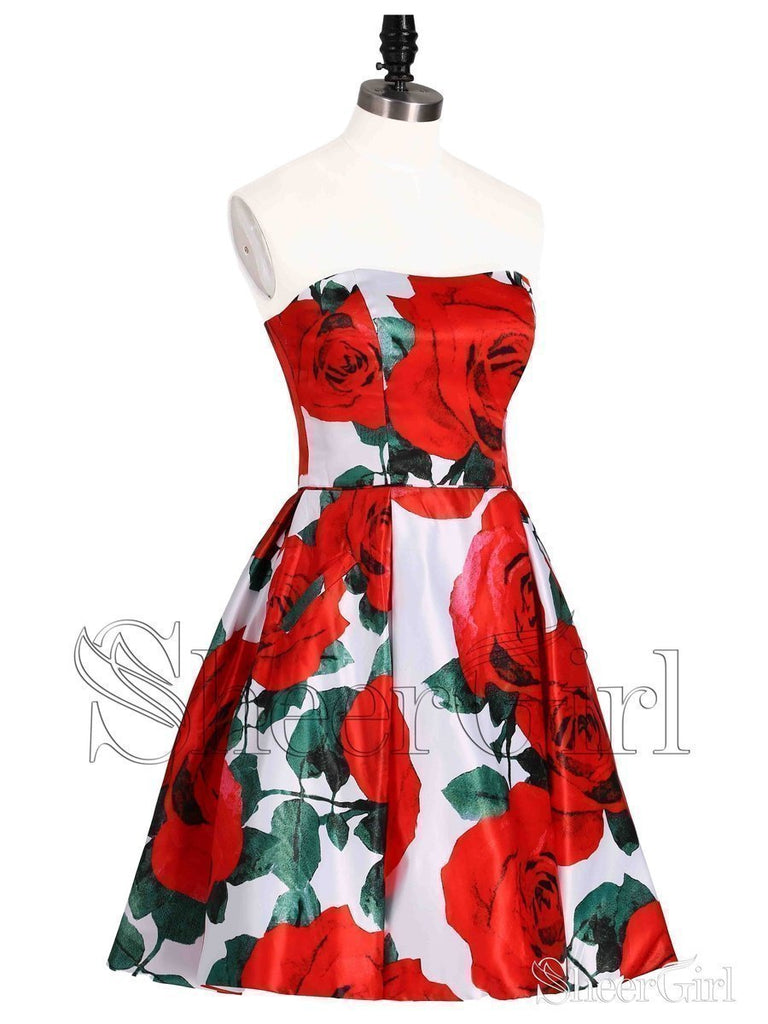 Strapless Red Floral Homecoming Dresses Vintage Short Prom Dress ARD1606 Strapless Red Floral Homecoming Dresses Vintage Short Prom Dress ARD1606