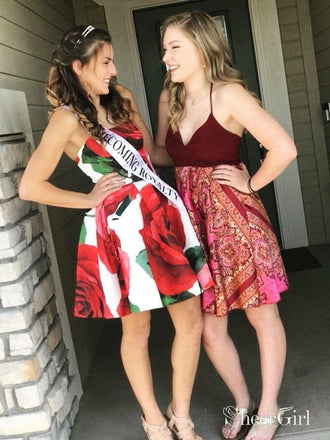 Strapless Red Floral Homecoming Dresses Vintage Short Prom Dress ARD1606-SheerGirl