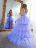 Strapless Ruffle Tulle High Low Ball Gown V Neckline Tiered Simple Prom Dress ARD2597-SheerGirl