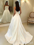 Strapless Simple Ivory Satin A Line Pleated Wedding Dresses with Court Train Bridal Dresses AWD1676-SheerGirl
