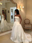 Strapless Simple Ivory Satin A Line Pleated Wedding Dresses  with Court Train Bridal Dresses AWD1676