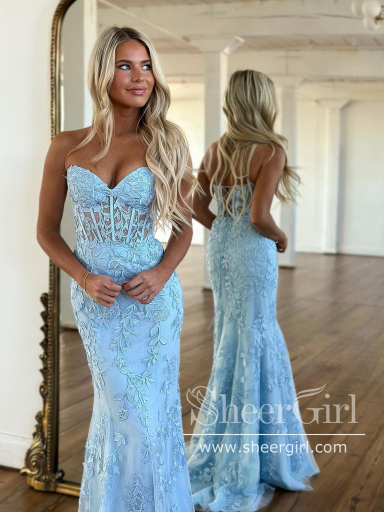 Strapless Sky Blue Mermaid Prom Dresses Corset Back Pageant Formal Dress  ARD2899