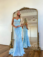 aquamarine mermaid prom dress Strapless Sky Blue Mermaid Prom Dresses Corset Back Pageant Formal Dre –  SheerGirl