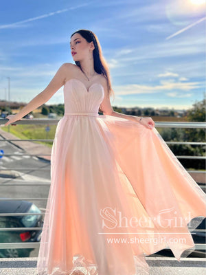 Strapless Sparkly Tulle Long Evening Dress Peach A-Line Floor Length Prom Dress ARD2893-SheerGirl