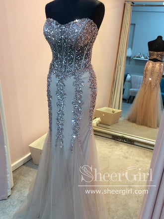 Strapless Sweetheart Neckline Sequins Unlined Bodice Mermaid Long Prom Dress ARD2584-SheerGirl