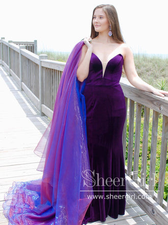 Strapless V Neck Mermaid Velvet Prom Dress with Removable Tulle Train ARD2732-SheerGirl