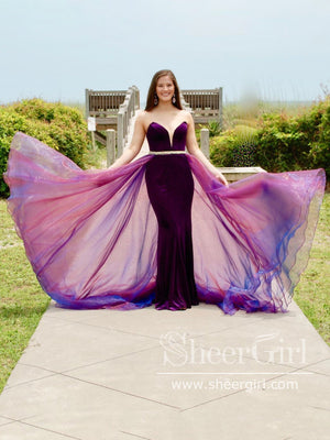 Strapless V Neck Mermaid Velvet Prom Dress with Removable Tulle Train ARD2732-SheerGirl