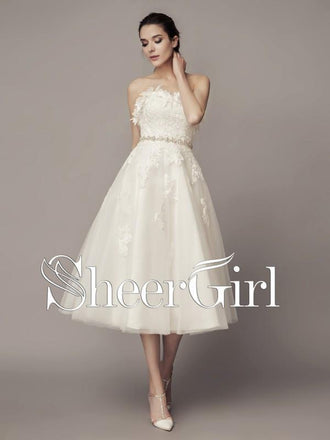 Strapless Vintage Wedding Dresses Beaded Tea Length Wedding Dresses AWD1022-SheerGirl