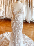 Stunning Floral Lace Sheath Beaded Wedding Dress with Chapal Train AWD1866-SheerGirl