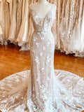 Stunning Floral Lace Sheath Beaded Wedding Dress with Chapal Train AWD1866-SheerGirl