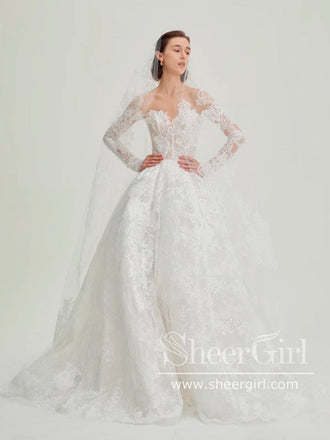 Stunning Flower Lace Boho Wedding Dresses Long Sleeve Ball Gown Tulle Bridal Dress AWD1950-SheerGirl