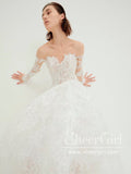 Stunning Flower Lace Boho Wedding Dresses Long Sleeve Ball Gown Tulle Bridal Dress AWD1950-SheerGirl