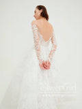 Stunning Flower Lace Boho Wedding Dresses Long Sleeve Ball Gown Tulle Bridal Dress AWD1950-SheerGirl