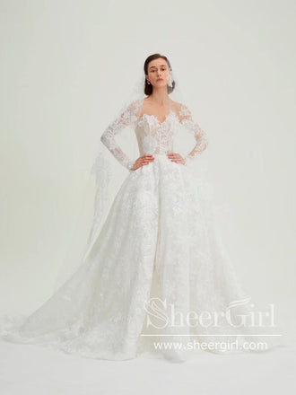 Stunning Flower Lace Boho Wedding Dresses Long Sleeve Ball Gown Tulle Bridal Dress AWD1950-SheerGirl