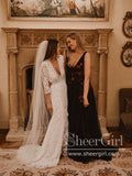 Stunning Lace V Neck Sheath Boho Wedding Dress with Front Slit AWD1892-SheerGirl