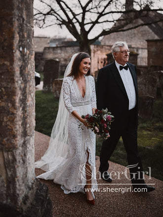 Stunning Lace V Neck Sheath Boho Wedding Dress with Front Slit AWD1892-SheerGirl