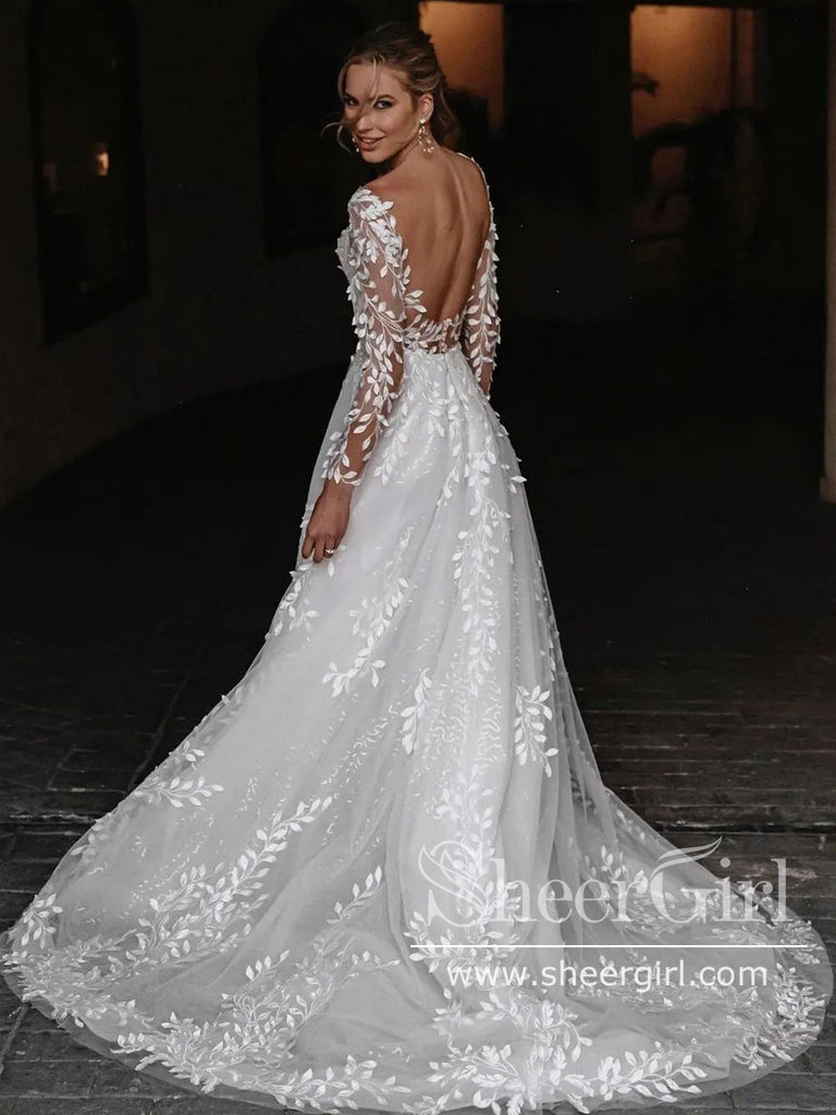 Stunning Leaves Lace Boho Wedding Dresses Long Sleeve Tulle Bridal Dress AWD1945-SheerGirl