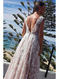 Summer Beach Wedding Dresses Lace Applique V Neck Plus Size Wedding Dresses AWD1044-SheerGirl