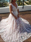 Summer Beach Wedding Dresses Lace Applique V Neck Plus Size Wedding Dresses AWD1044-SheerGirl