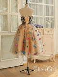 Sweet Heart Neckline A Line Homecoming Dresses Nude Satin Colorful Butterflies Appliqued Short Prom Dresses ARD2462-SheerGirl